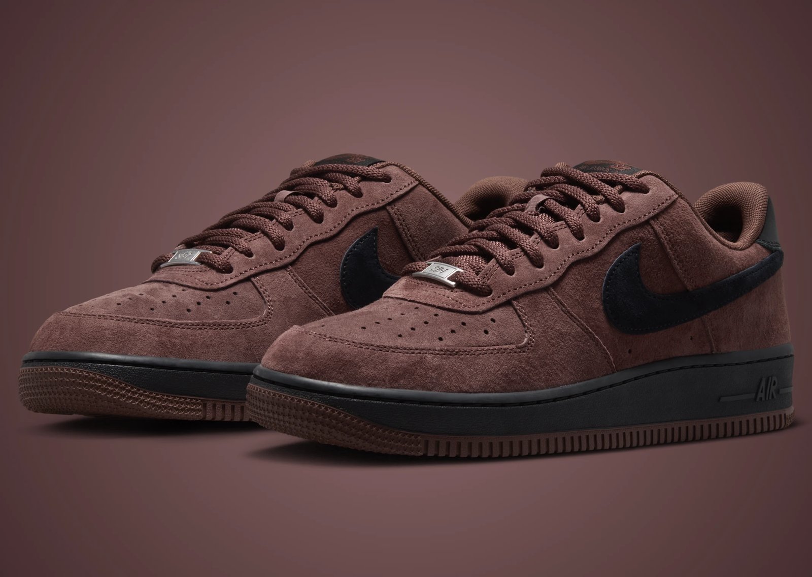 Nike SB Air Force 1 Low Light Chocolate brown suede with black Swoosh and heel tab detail - detail view 1