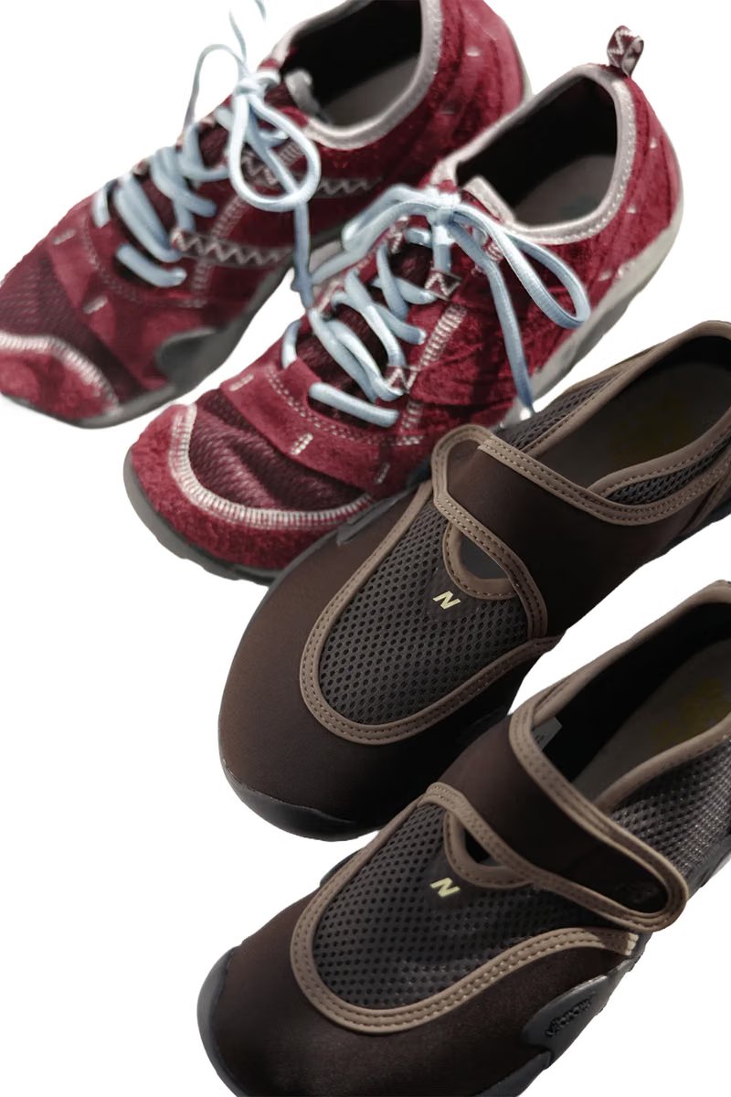 sunlovetour x New Balance Minimus MT10 in burgundy red suede and mesh with icy blue laces, part of the Soft Utility collaboration - detail view 3