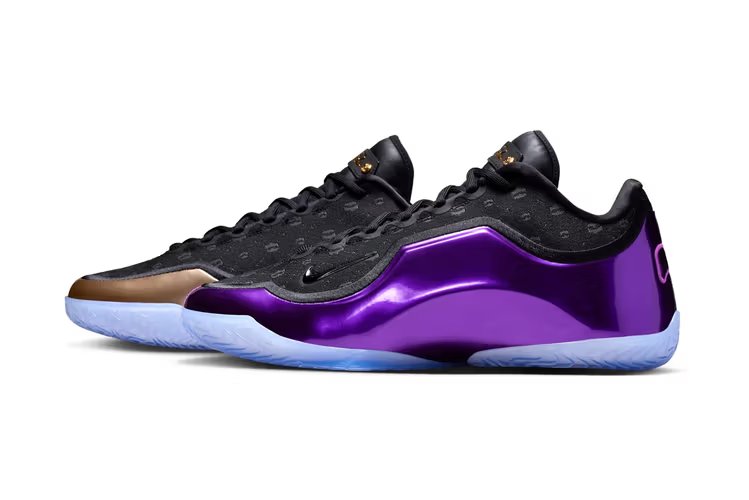 Bronny James' Gothic-style signature 'B' logo on custom Nike LeBron Witness 9 heel detail - detail view 1