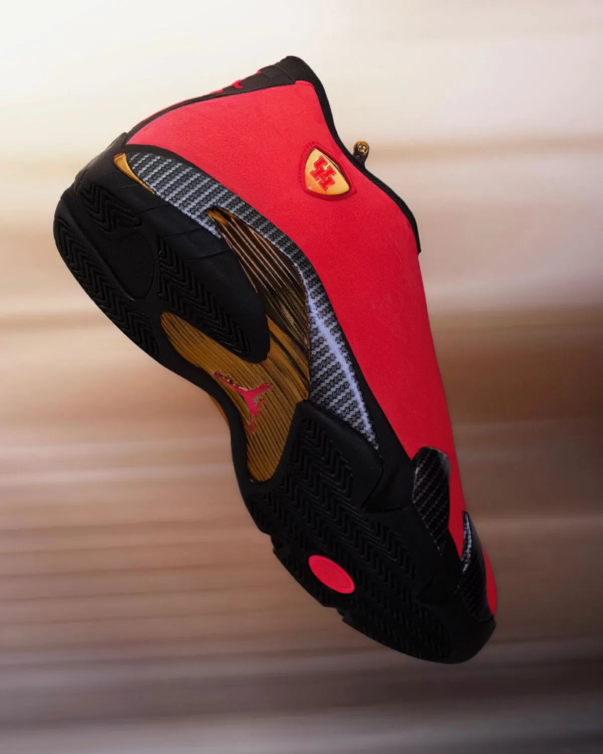 Air Jordan 14 Houston Cougars PE in university red suede with grey carbon fiber midsole details - detail view 1