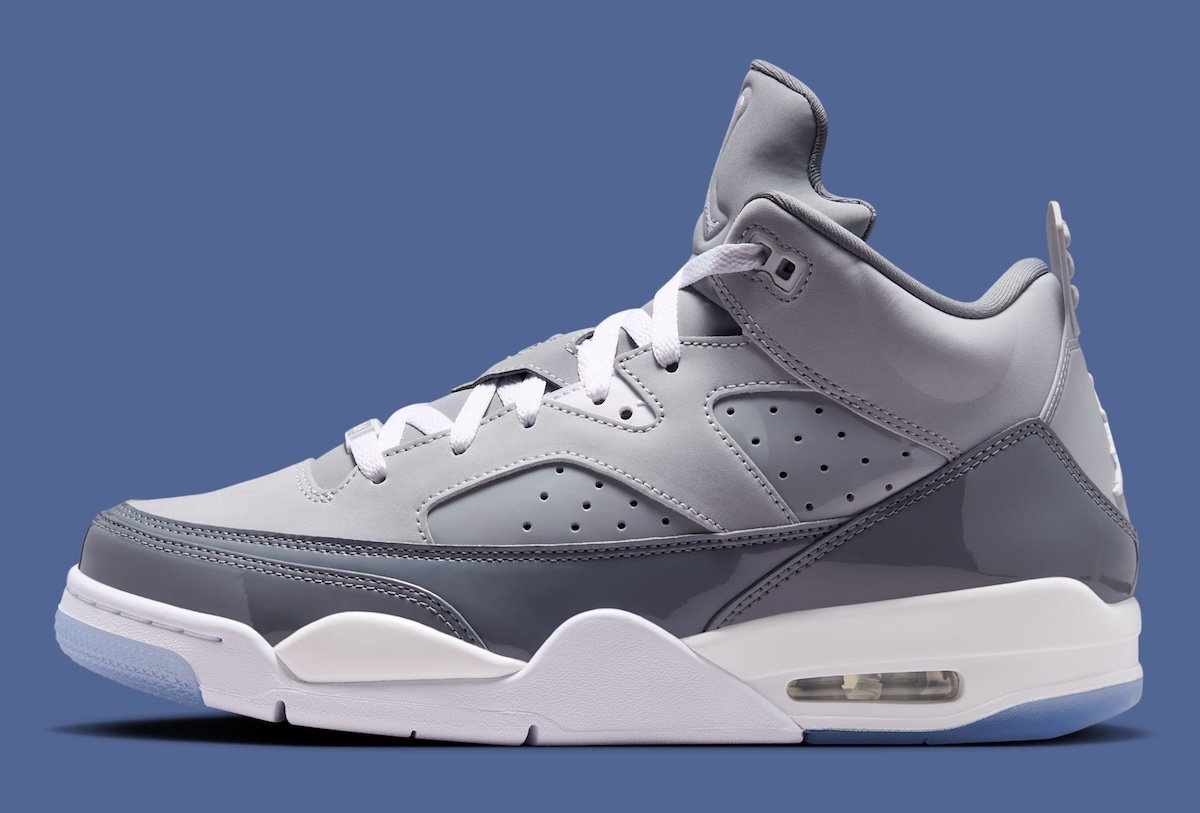 Jordan Son of Mars Low in Cool Grey, White, and Wolf Grey with patent leather mudguard and translucent outsole - detail view 3