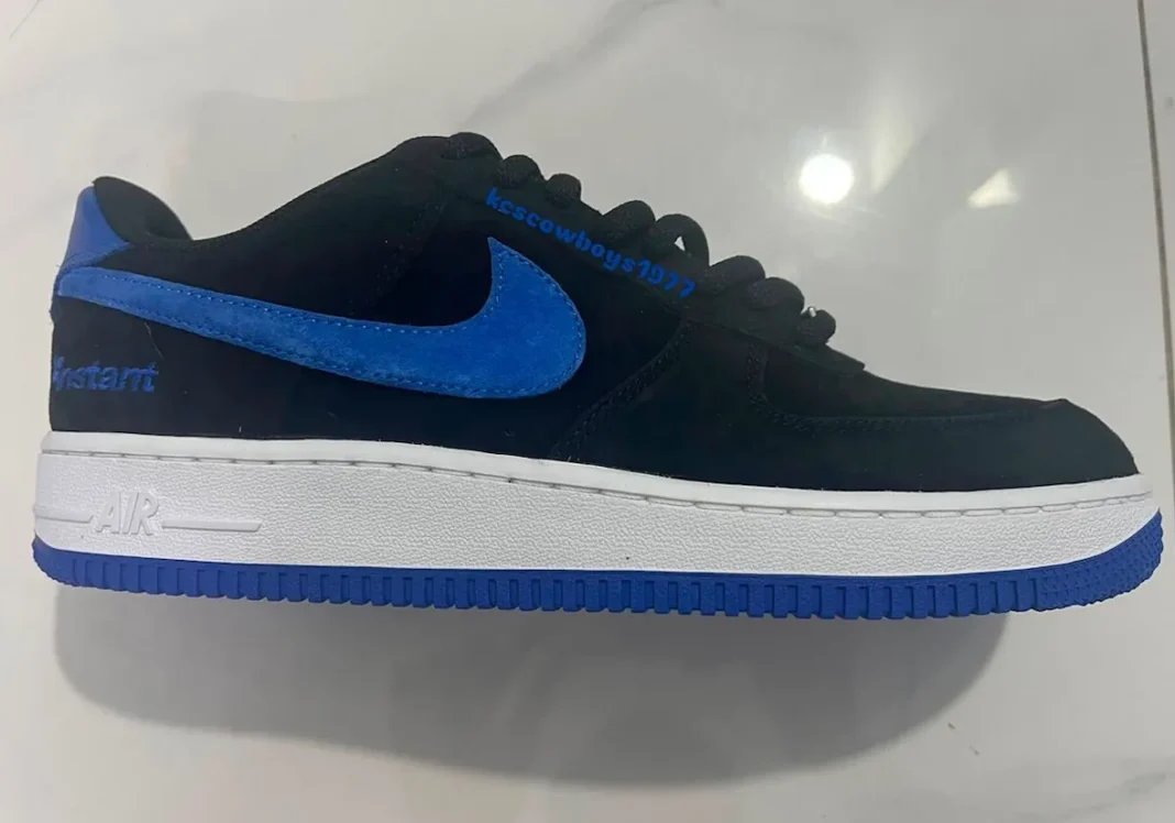 Nike SB Air Force 1 x Instant Skateboards in black suede with Game Royal Swoosh and heel tab - detail view 1