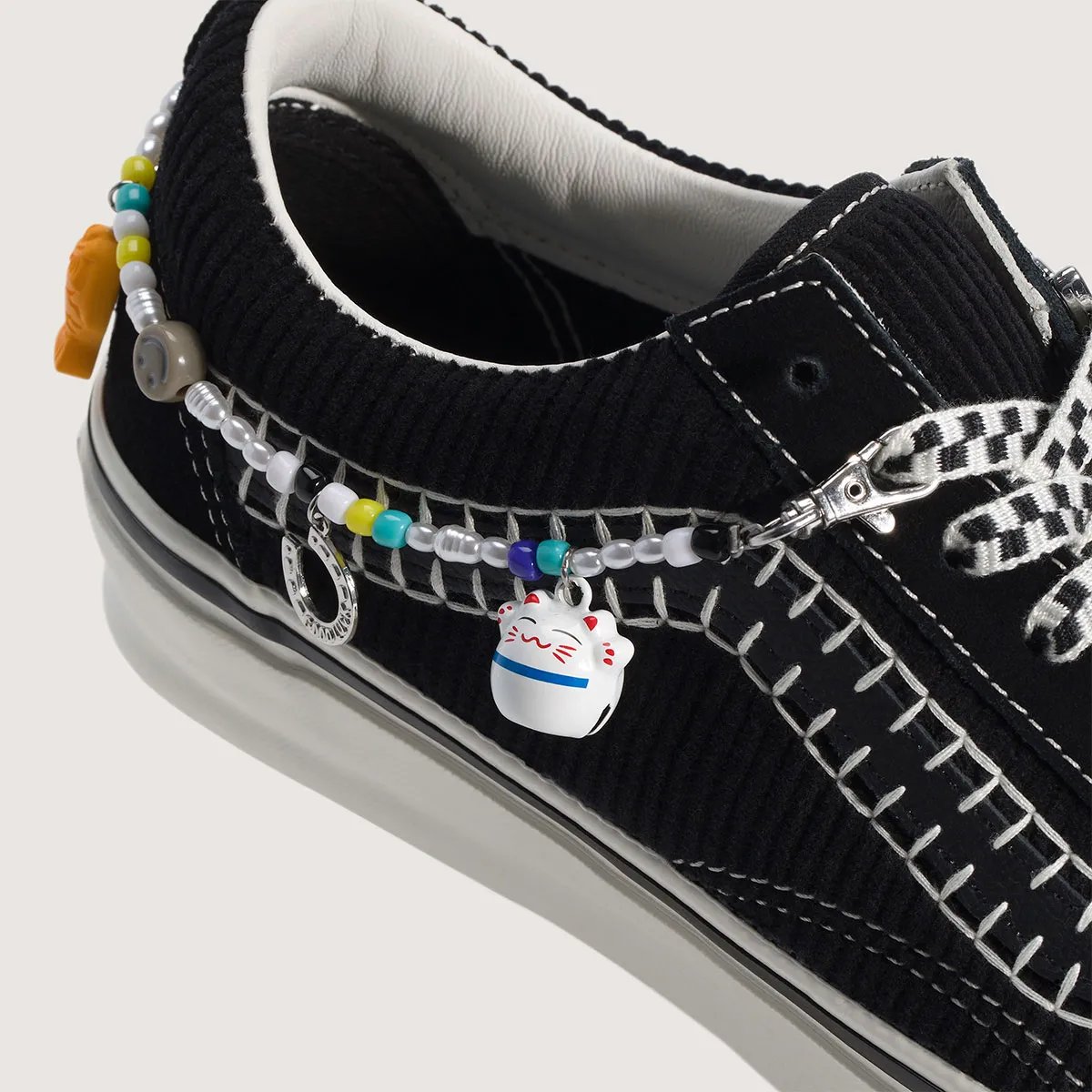 Cocona Hiraki x Vans Old Skool in black-and-white with corduroy details and embroidery - detail view 4