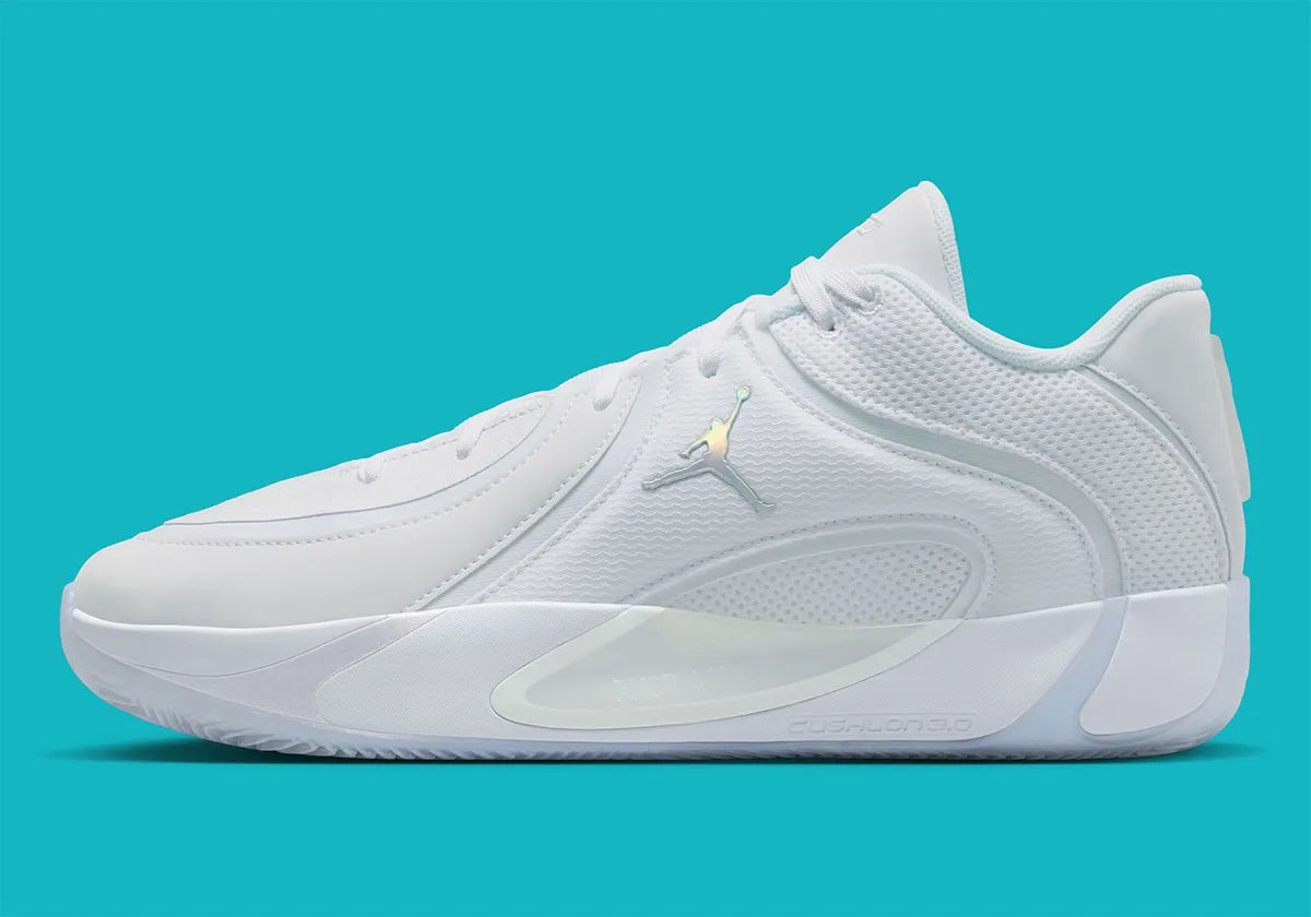 Jordan Tatum 4 Pure Platinum colorway featuring layered white uppers and icy sole detailing - detail view 1