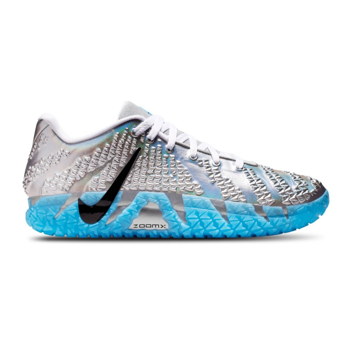 Nike Ja 3 x Jurassic Park Metallic Silver colorway featuring dinosaur-inspired design elements on Ja Morant's signature basketball shoe - detail view 1