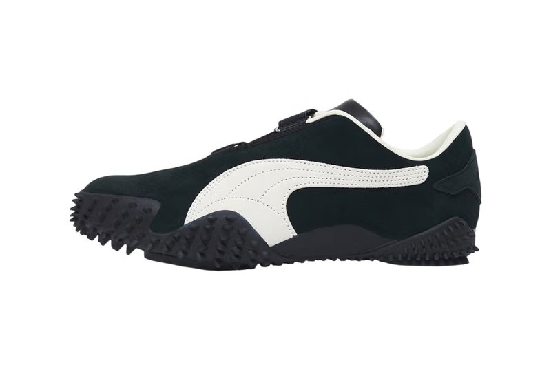 JJJJound x PUMA Mostro Black/White sneaker in grayscale, side profile showing suede upper and velcro strap detail - detail view 3