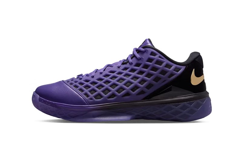 FC Barcelona x Nike Kobe 3 Low Protro in Electro Purple and Black with metallic gold accents, showing custom club crest branding and dual-tongue design - detail view 3