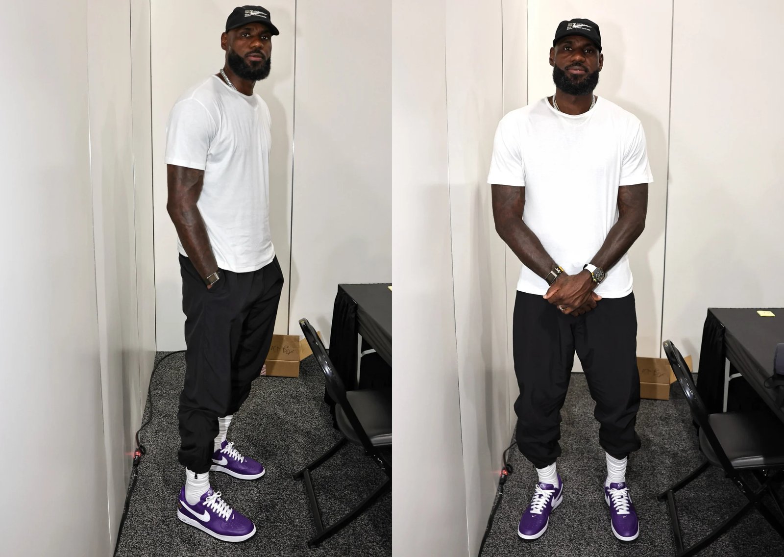 LeBron James wearing Victor Victor x Nike Air Force 1 '01 Low in purple with dog head logo on heel - detail view 2