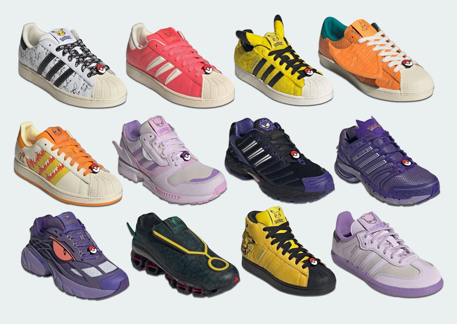 Official product images from the adidas Pokémon 30th Anniversary collection, featuring character-themed colorways on Superstar, Samba, and ZX 8000 silhouettes - detail view 1
