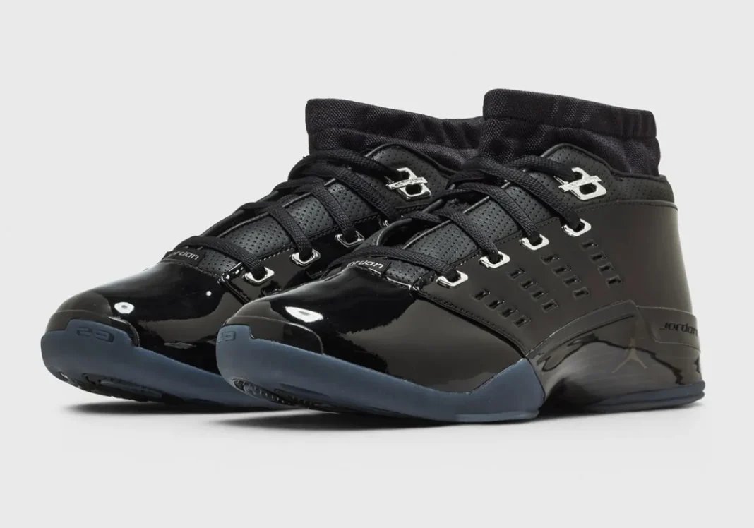 Air Jordan 17 Low Black Patent with glossy patent leather upper and metallic silver eyestays - detail view 1
