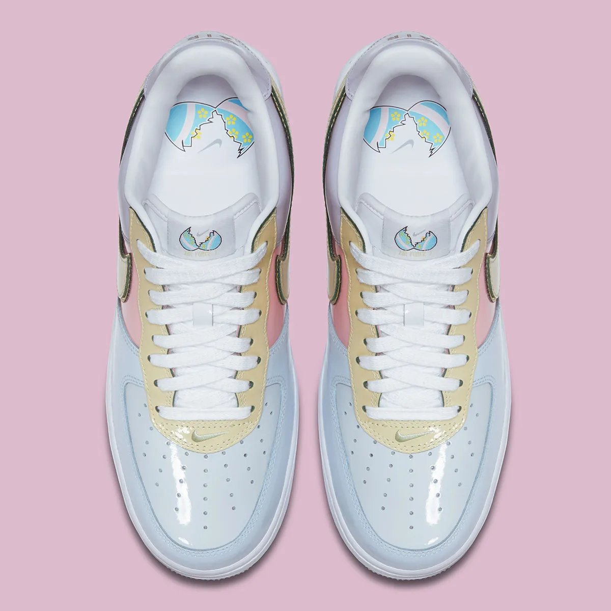 Nike Air Force 1 Low Easter in Titanium blue, Lime Ice green, and Storm Pink patent leather with cracked egg graphic details - detail view 3