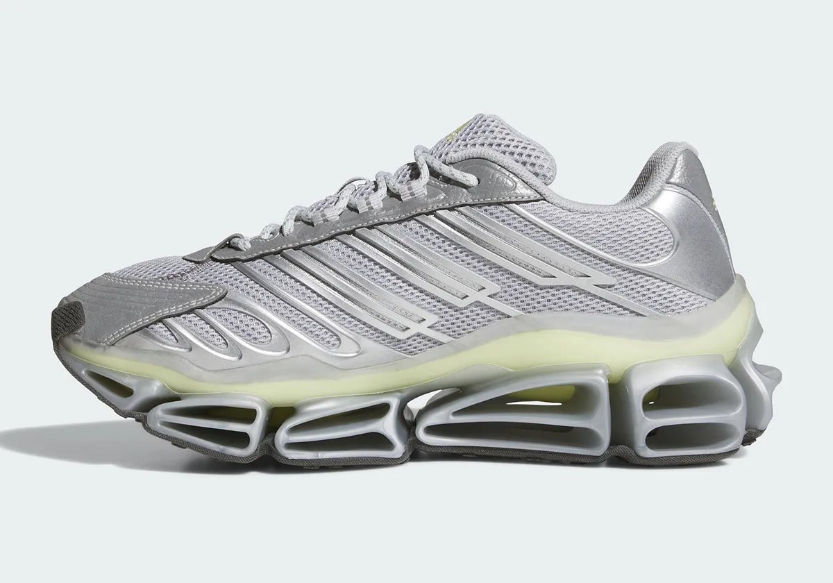 adidas Megaride AG in Silver Metallic colorway with off-white branding accents, shown from side profile - detail view 3