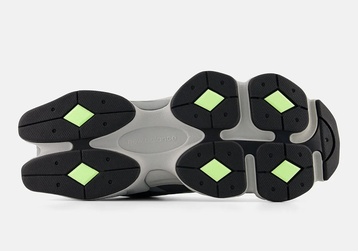 New Balance 9060Z in night vision-inspired colorway showing asymmetrical collar and mixed textile upper - detail view 5
