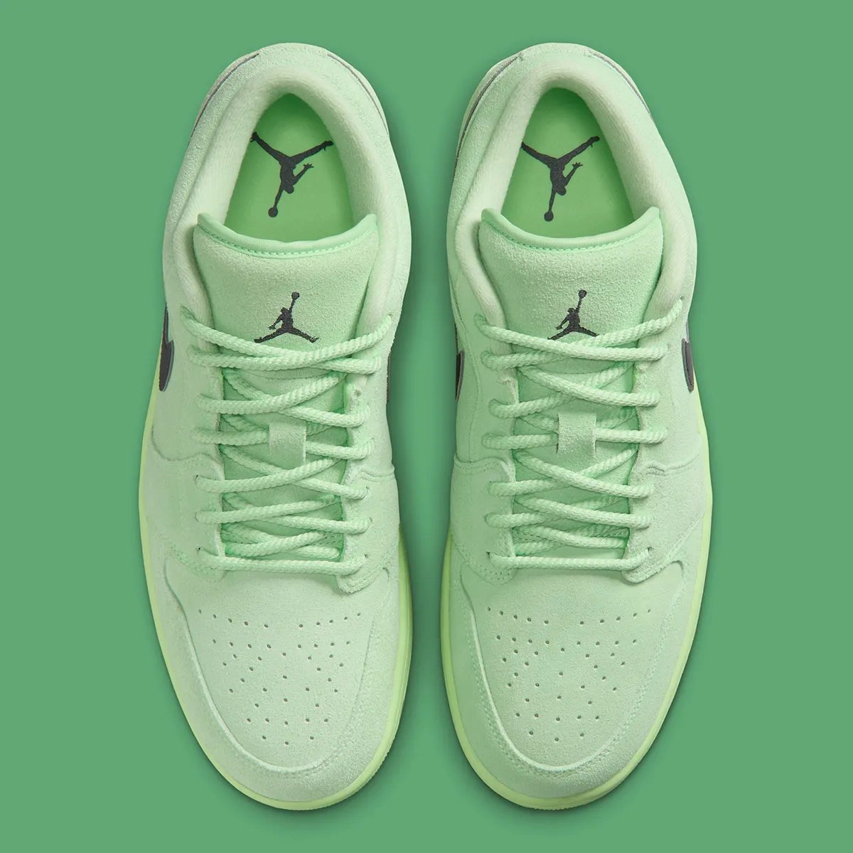 Air Jordan 1 Low Avalanche Lime with suede upper mimicking tennis ball texture and jeweled Wings logo cutout - detail view 4