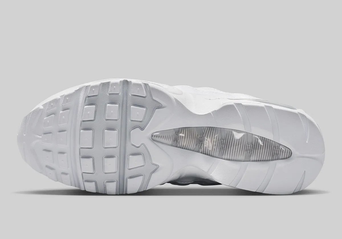 Nike Air Max 95 in pure white with metallic silver accents on mudguard and visible Air Unit - detail view 2