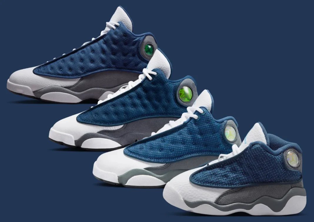 Air Jordan 13 "Flint" in Navy, Flint Grey, and White with reflective mesh upper and hologram jewel detail - detail view 1