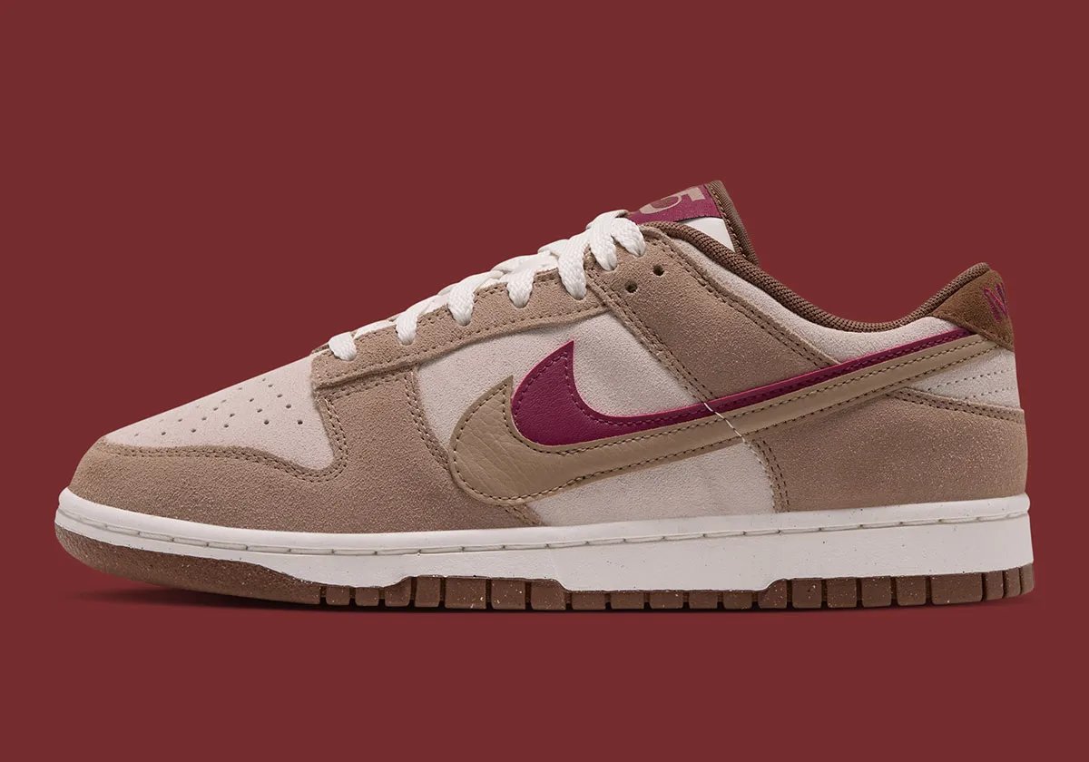 Nike Dunk Low Double Swoosh with dual Swoosh branding in brown and burgundy leather, Fall/Winter 2026 - detail view 1