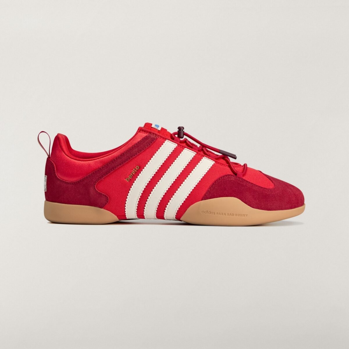 Bad Bunny x adidas Ballerina Vivid Red, inspired by Puerto Rico's flamboyán trees, releasing May 30, 2026 - detail view 1