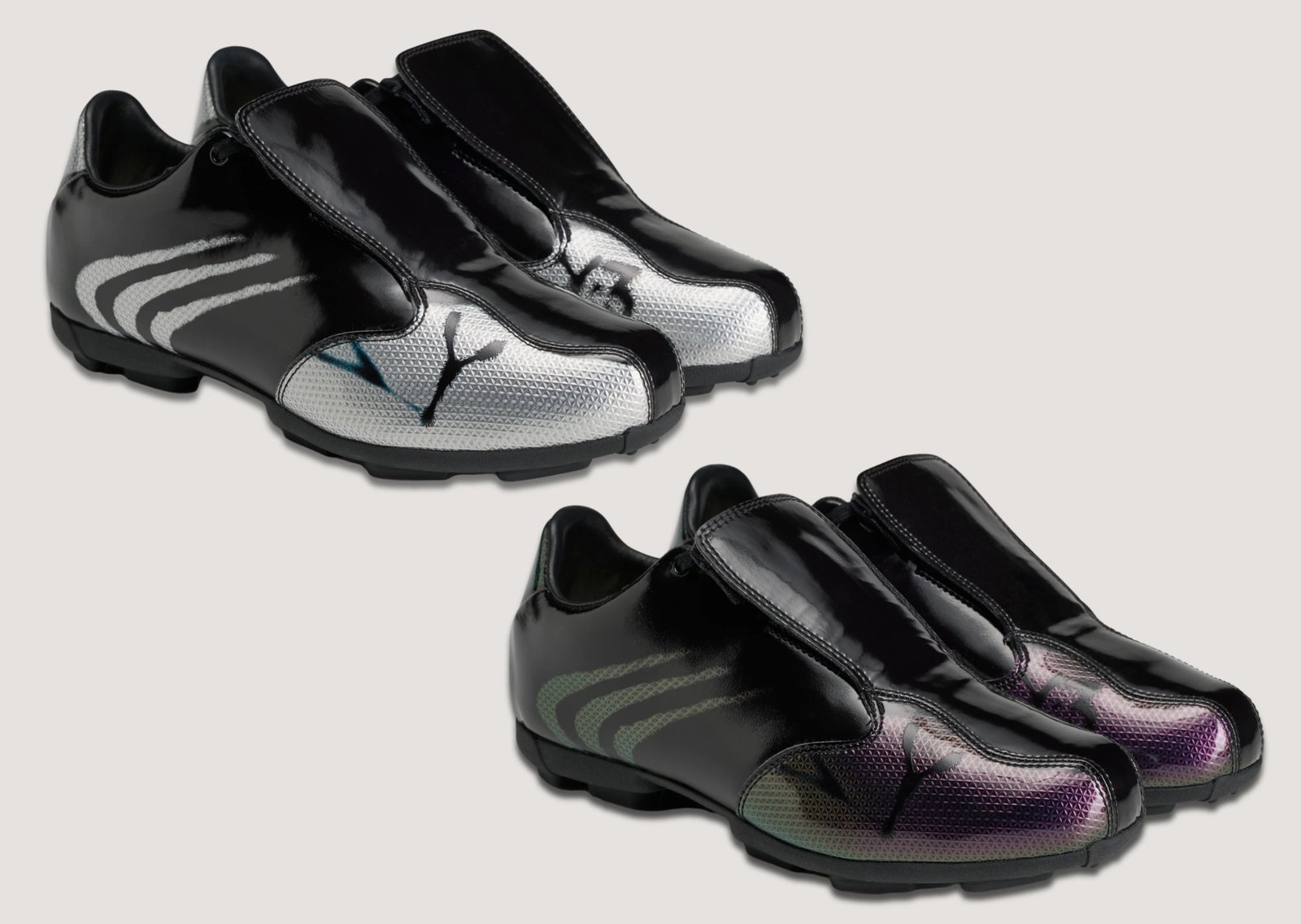 CHITO x adidas Y-3 F50+ Tunit Pack featuring black pair with iridescent toe accents and silver variant - detail view 1