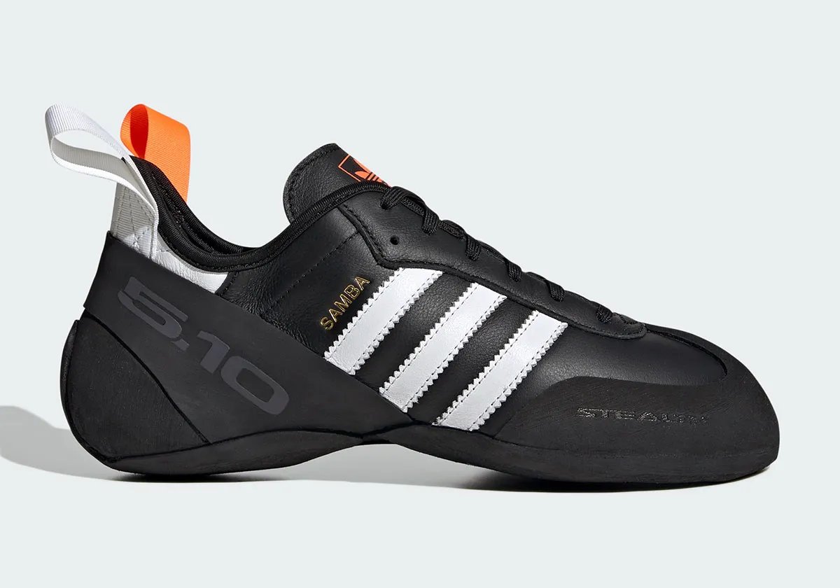 Adidas Samba Climbing Shoe in black, white, and orange colorway with curved Five Ten STEALTH Rubber outsole - detail view 2