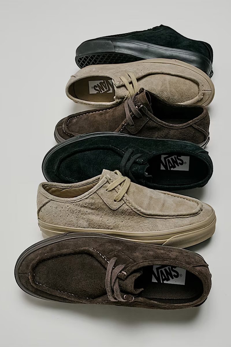 Vans Premium SF Moc Low in Light Brown/Brown colorway, showcasing mixed-material suede upper and classic waffle outsole - detail view 3