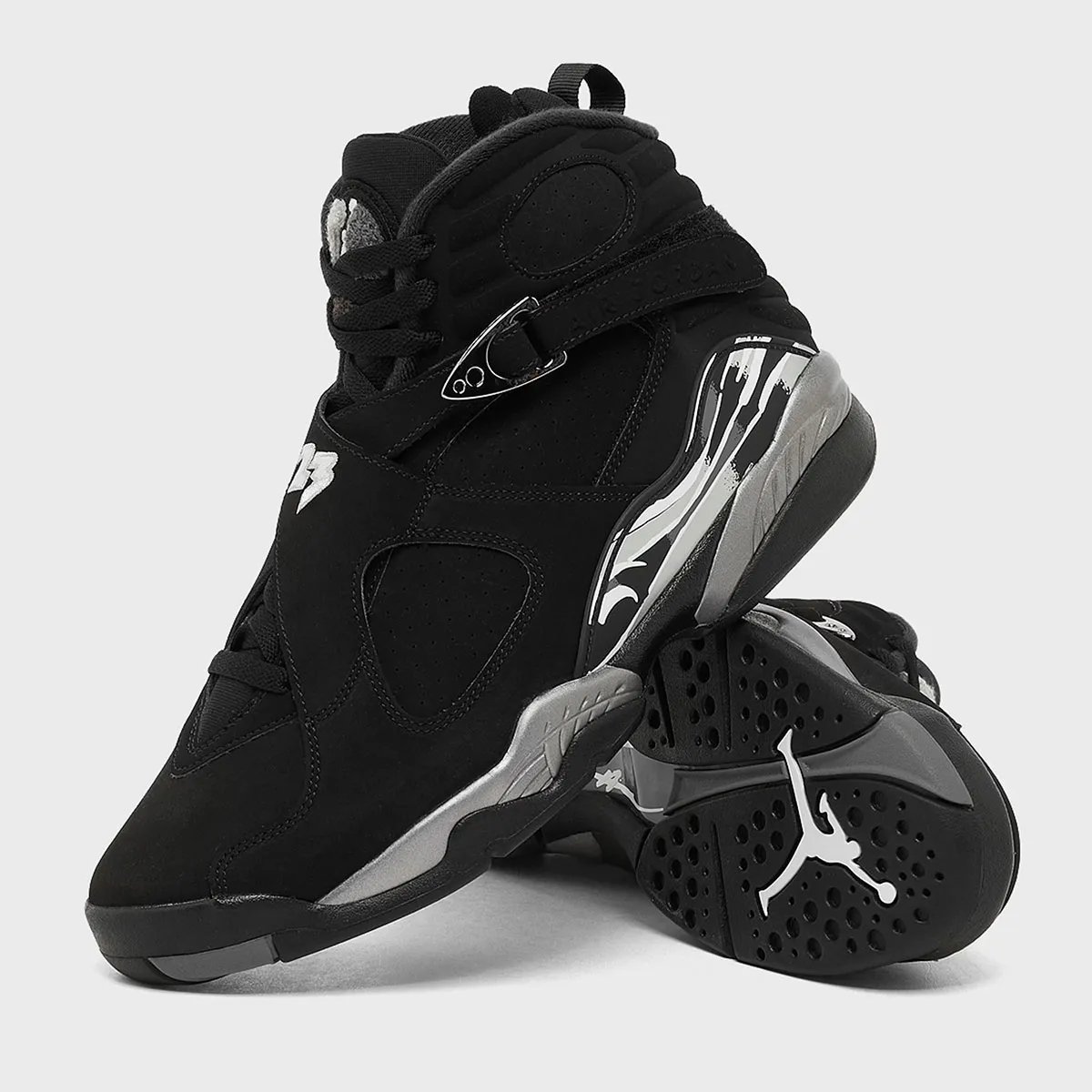 Air Jordan 8 Black Chrome featuring black upper with chrome accents and white/grey/black mudguard detailing - detail view 3