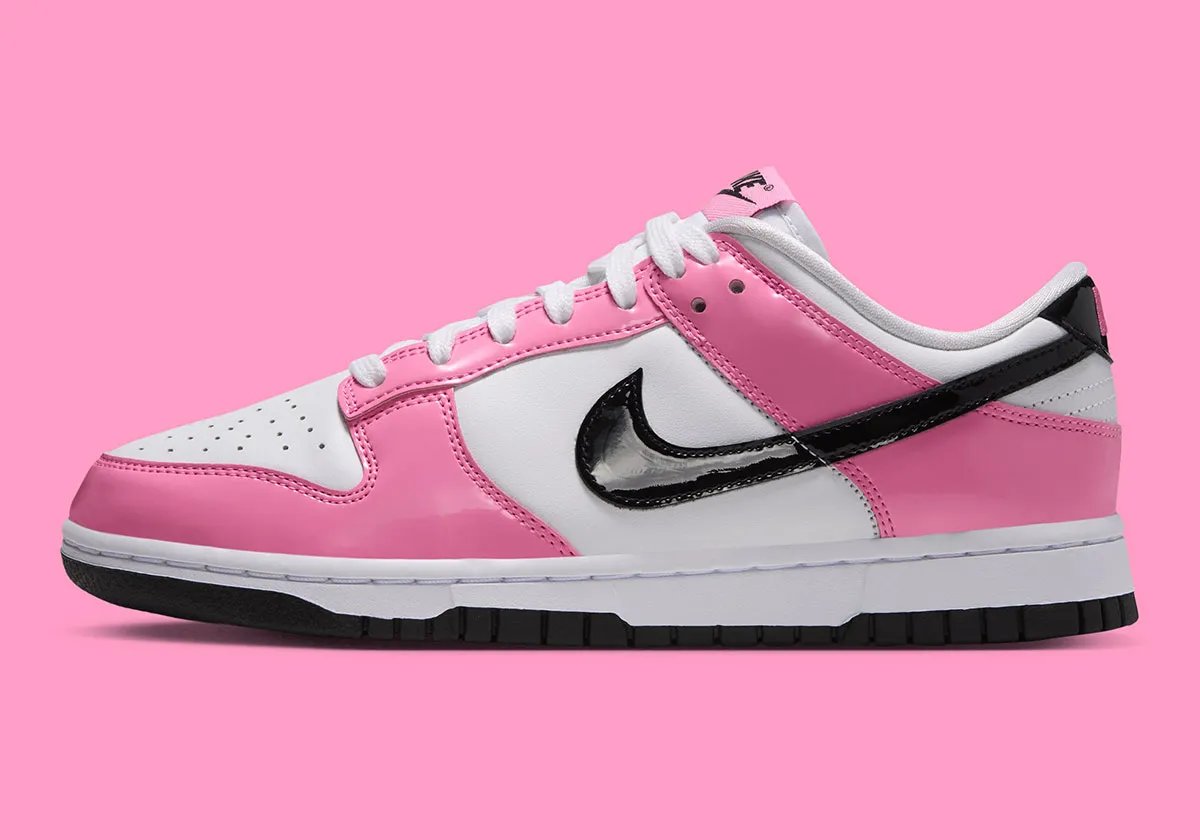Nike Dunk Low 'Pink Spell' in white leather with Pink Spell patent leather overlays and black patent Swoosh, women's sizing, Fall/Winter 2026 release - detail view 1