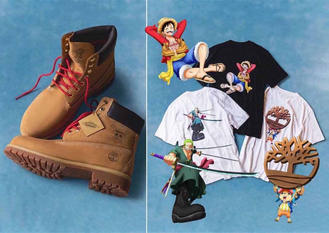 Timberland 6-Inch Premium Waterproof Boot in wheat nubuck with red laces and Luffy Straw Hat branding from the ONE PIECE x Timberland collection