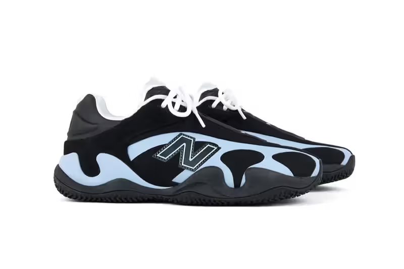 New Balance Maxey V1 signature sneaker in black and light blue colorway, low-top basketball shoe design - detail view 3