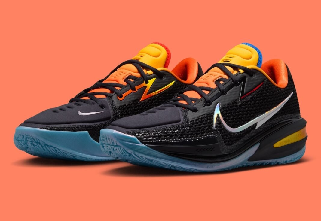 Nike GT Cut 1 in 'Before The Light' colorway by Dylan Harper and TITAN, featuring black mesh upper with orange, yellow, blue, and red accents - detail view 1