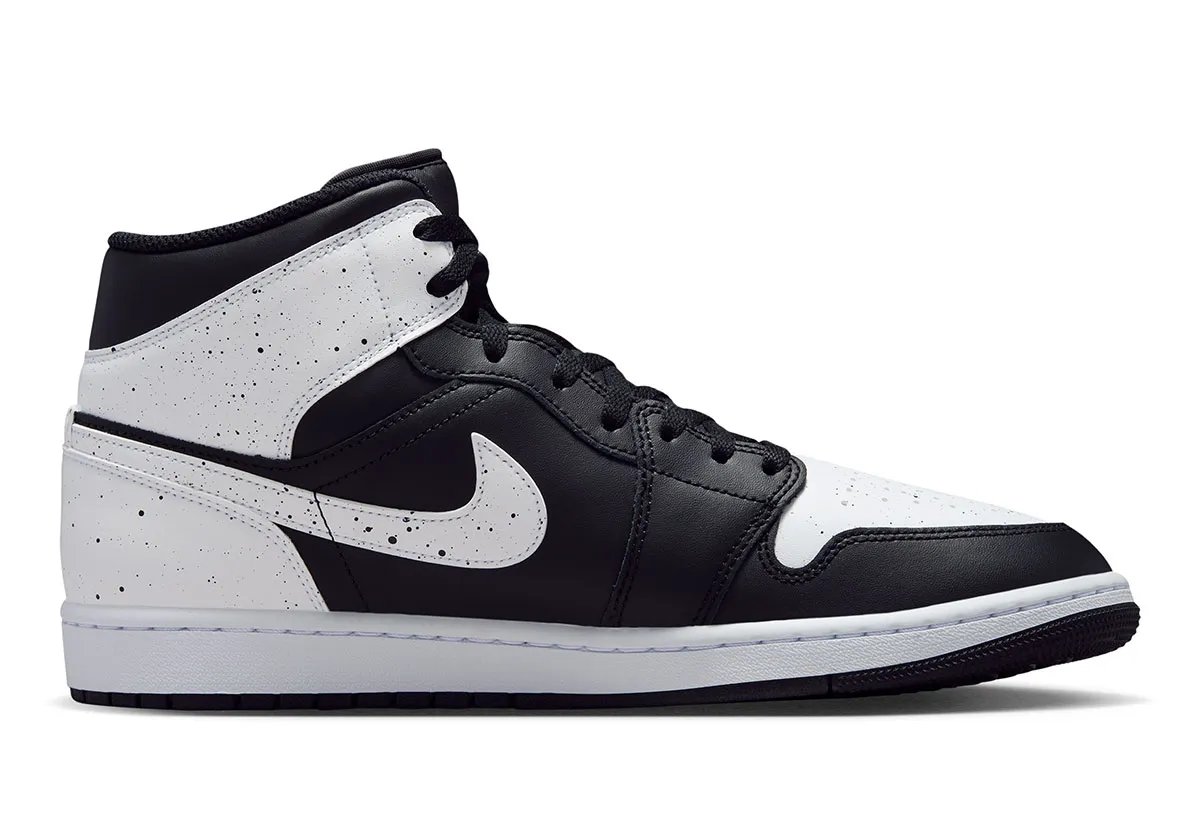 Air Jordan 1 Mid 'Oreo' in black and white leather with paint splatter detailing, Fall 2026 release - detail view 3