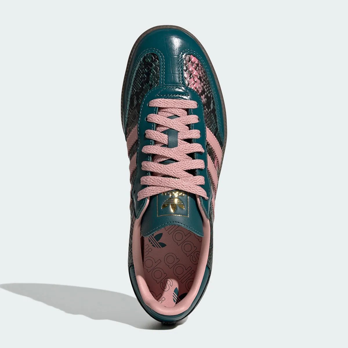 adidas Samba in teal snakeskin with iridescent pink finish and gum sole - detail view 2