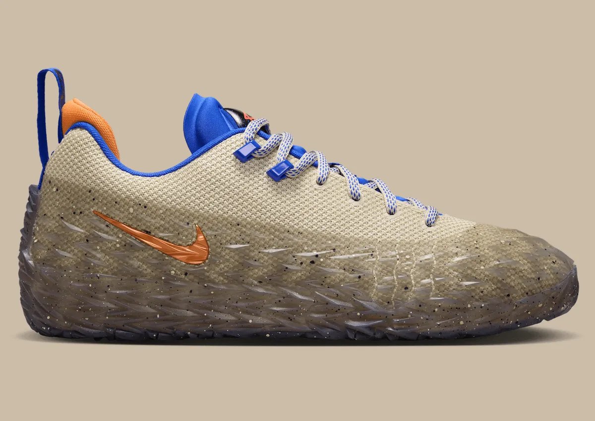 Cade Cunningham x Nike ST Charge "Rugged" colorway in rattan tan mesh with hyper royal and bright mandarin accents - detail view 3