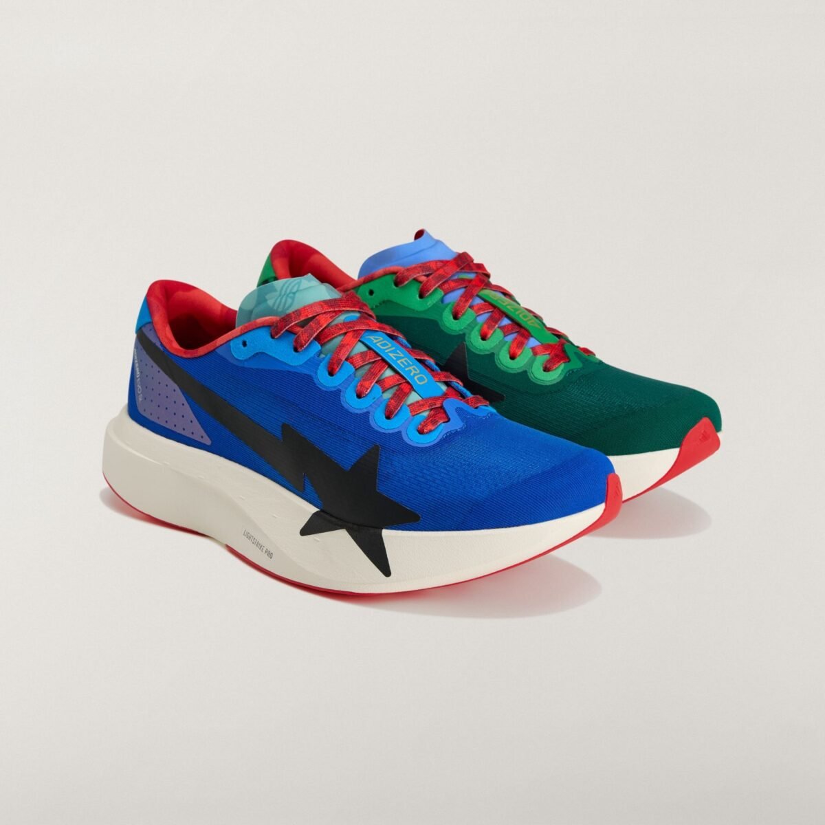 BAPE x adidas Adizero Evo SL in blue colorway, side profile view - detail view 1