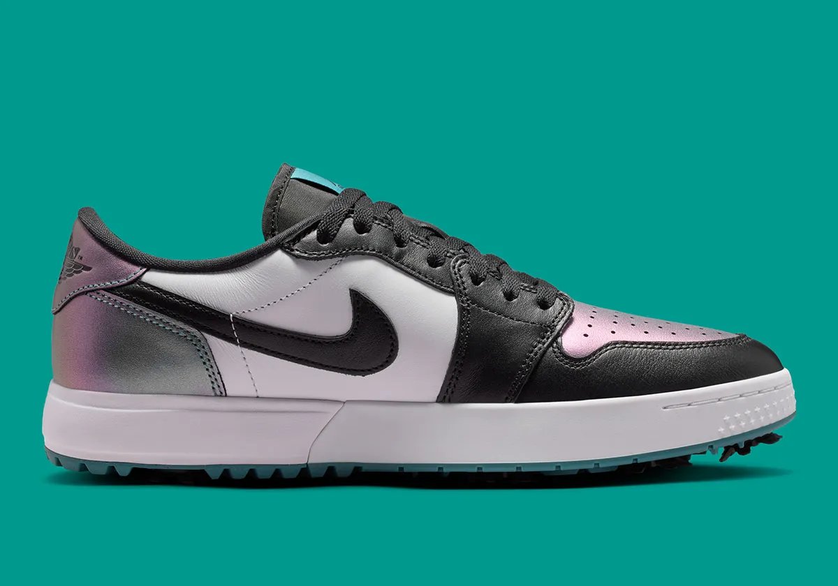 Air Jordan 1 Low Golf "Chameleon" with iridescent Mineral Teal leather and black accents, featuring radial golf spikes on teal outsole - detail view 3