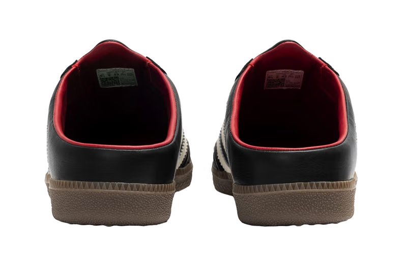 adidas Originals x VegNonVeg Samba Mule in Black/Cream/Gum showing open-back mule construction with pointed padded tongue and botanical embroidery details - detail view 5