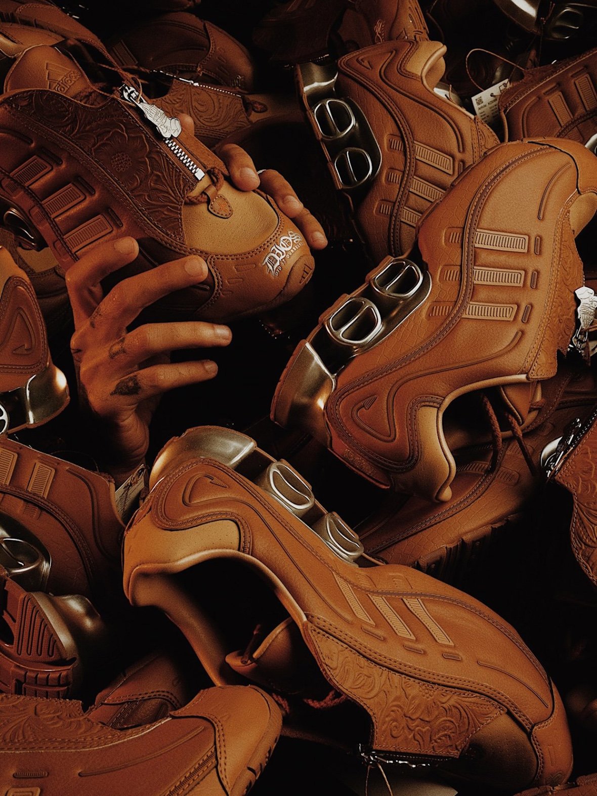 DIOS x adidas Megaride Friends & Family in saddle tan leather with embossed paisley shroud detail - detail view 4