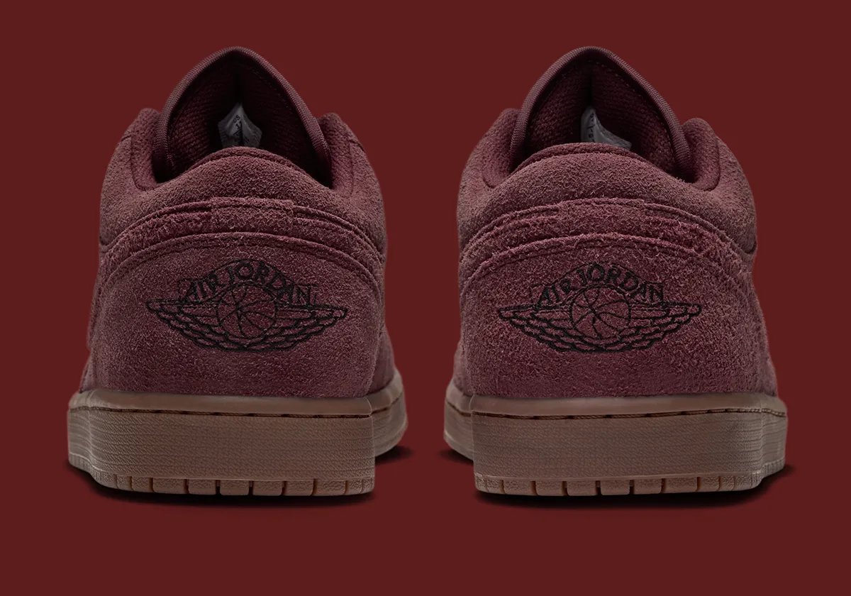 Nike Air Jordan 1 Low 'Dark Team Red' featuring shaggy suede, two-tone boot laces, and gum rubber sole in autumn colorway - detail view 4