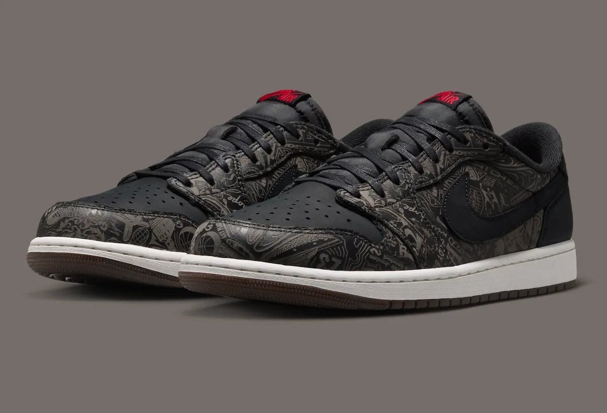 Air Jordan 1 Low OG Laser in black leather with laser-etched graphics and Fire Red accents, shown from multiple angles - detail view 2