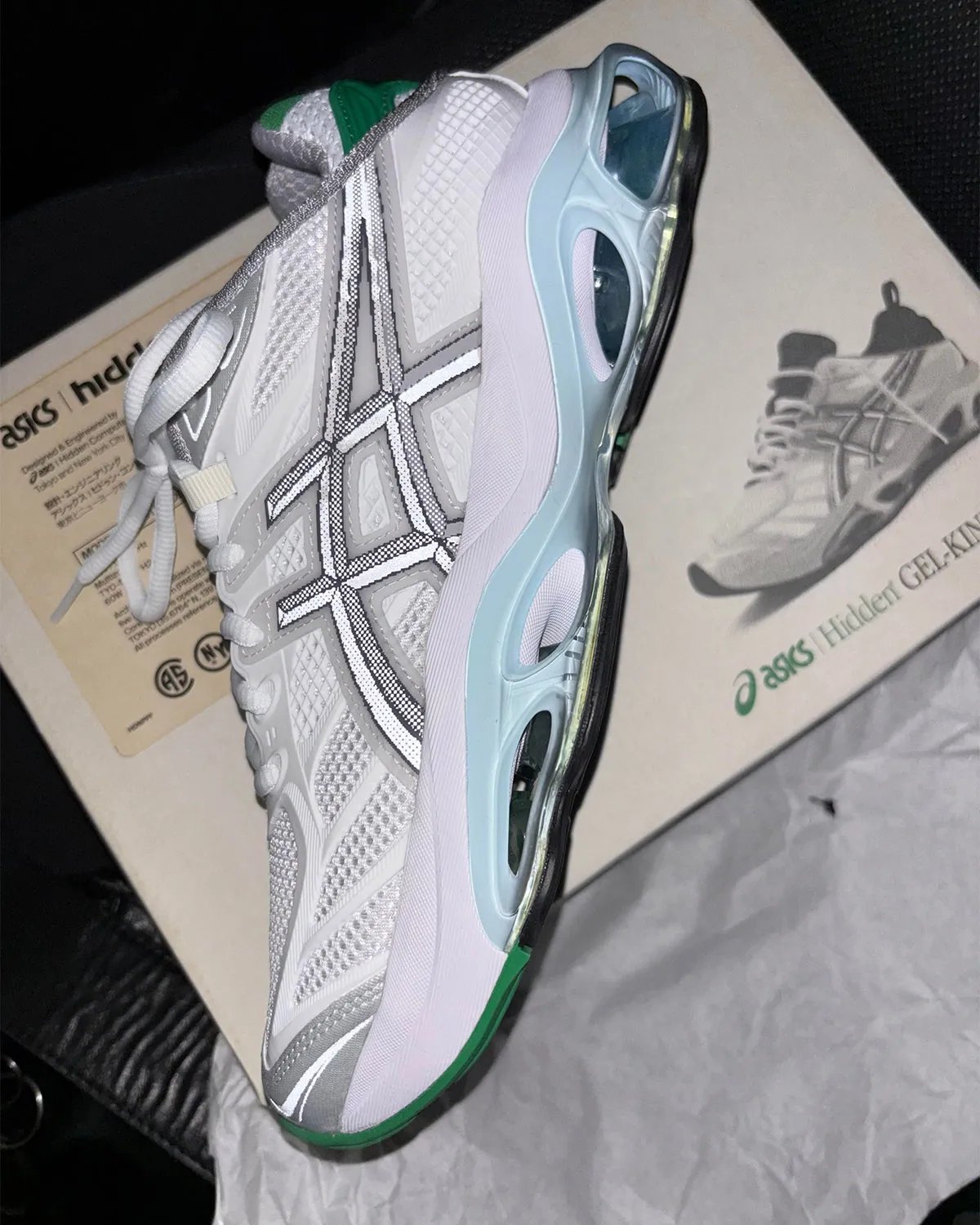 Hidden NY x ASICS GEL-Kinetic 2.0 collaboration featuring white upper with green heel overlay and half-tone ASICS strikes - detail view 4