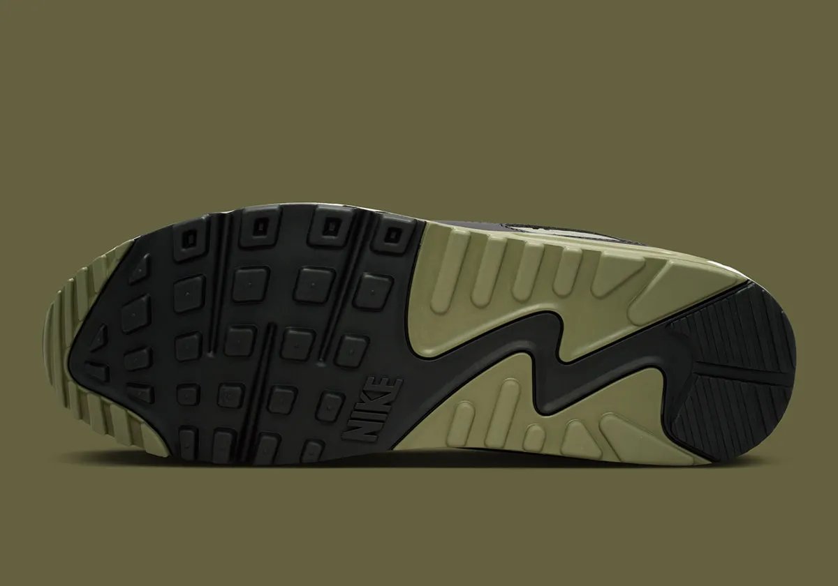 Nike Air Max 90 in Silver Sage colorway, showing OG color blocking on mesh and synthetic upper - detail view 2
