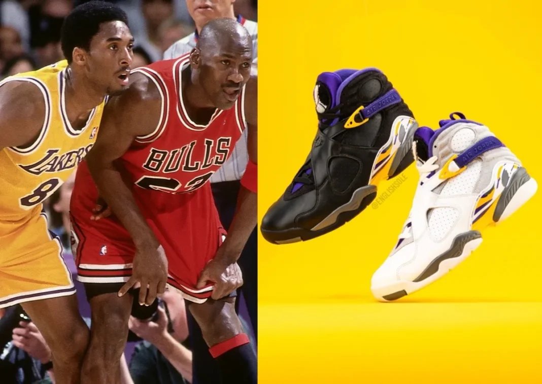 Kobe Bryant's Air Jordan 8 PE in white and black Lakers colorways, shown side by side
