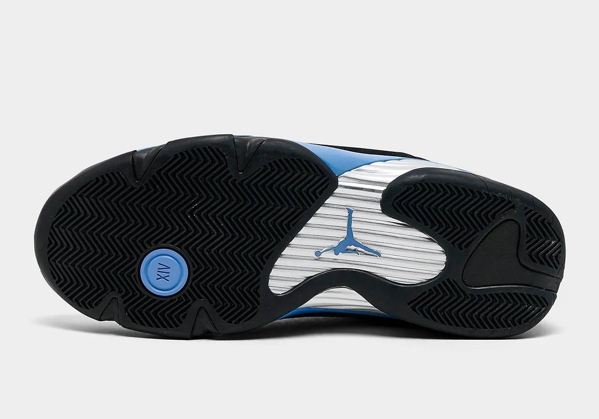 Air Jordan 14 in Black with University Blue accents, shown from multiple angles on white background - detail view 3