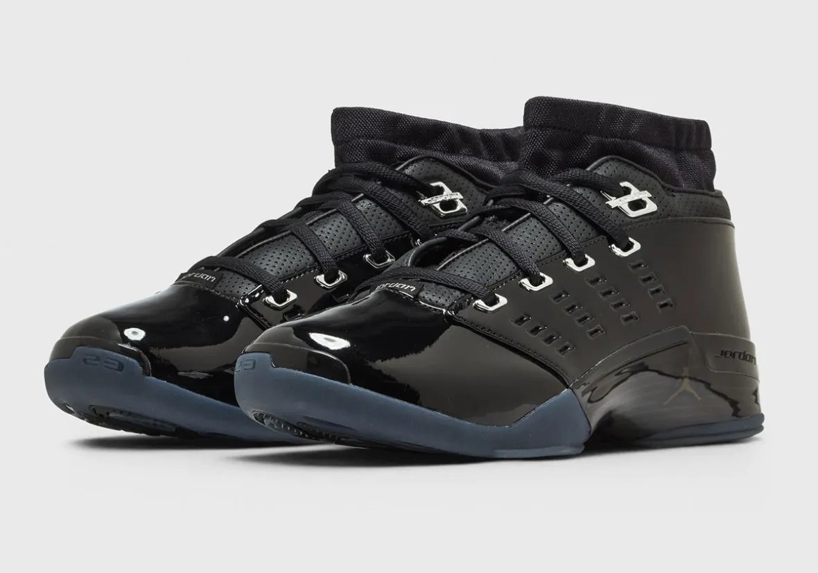 Air Jordan 17 Low Black Patent with glossy patent leather upper and metallic silver eyestays - detail view 2