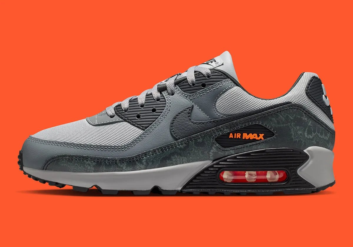 Nike Air Max 90 in greyscale with printed mudguard and Hyper Crimson accents - detail view 1