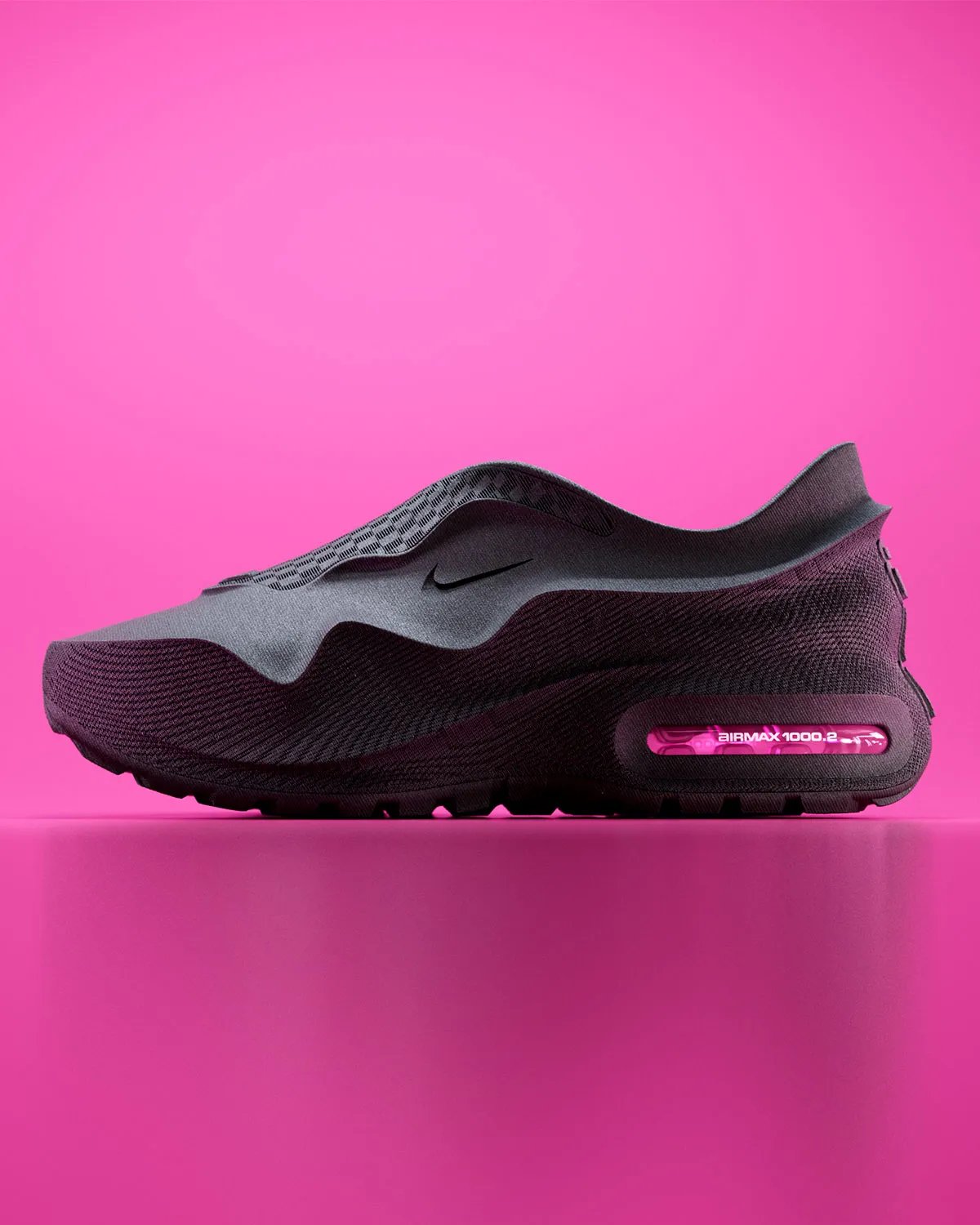 Nike Air Max 1000.2 "Pink Spell" in black with colored Air unit detail, side profile view - detail view 2