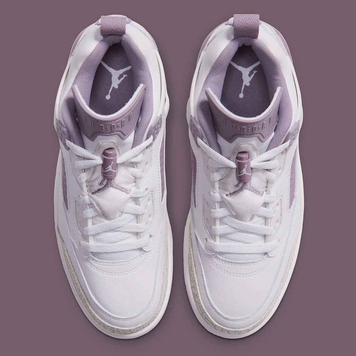 Jordan Spiz'ike Low 'Swan' women's colorway featuring swan white and light violet leather with grey elephant print detail - detail view 4