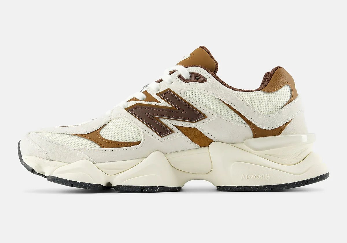 New Balance 9060 in Breakfast Tea/Angora colorway, featuring off-white uppers with sparrow brown accents on heel tab and tongue - detail view 1