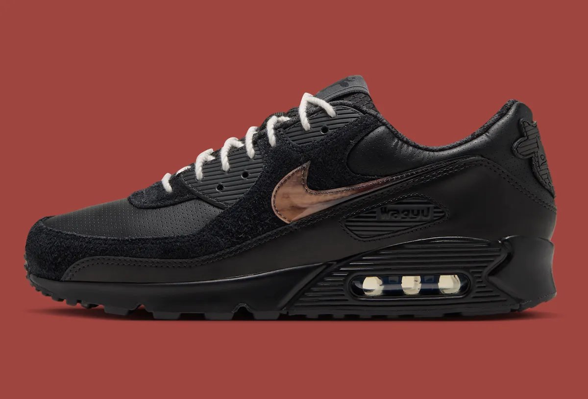 Wagyu x Nike Air Max 90 in black and anthracite with gold accents and hairy suede quarter panel - detail view 3