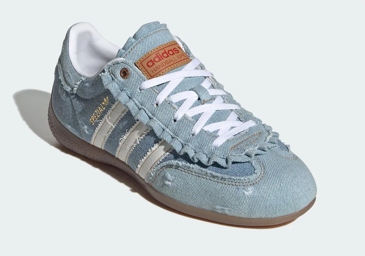 atmos Pink x adidas Handball Spezial LT with distressed denim treatment and frayed edges - detail view 1